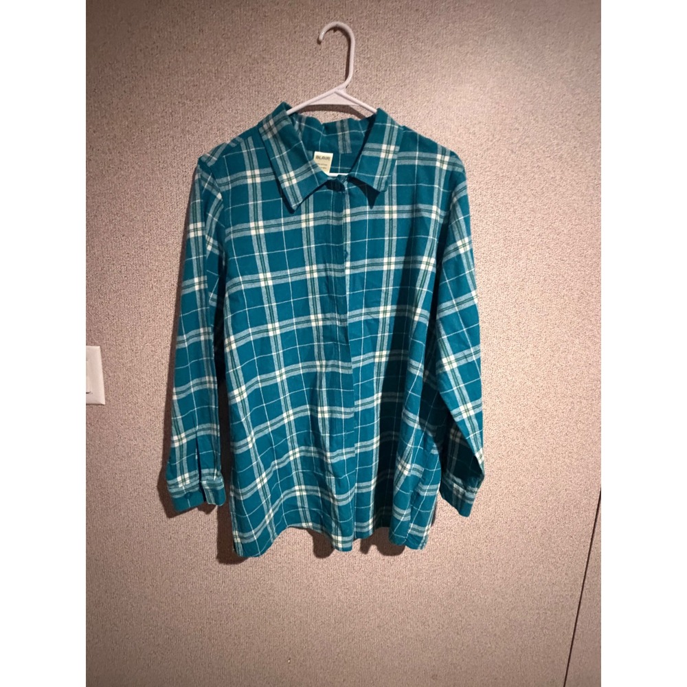 Blair Womens Teal Blue Plaid Cotton Button Down Shirt Long Sleeve Size Large